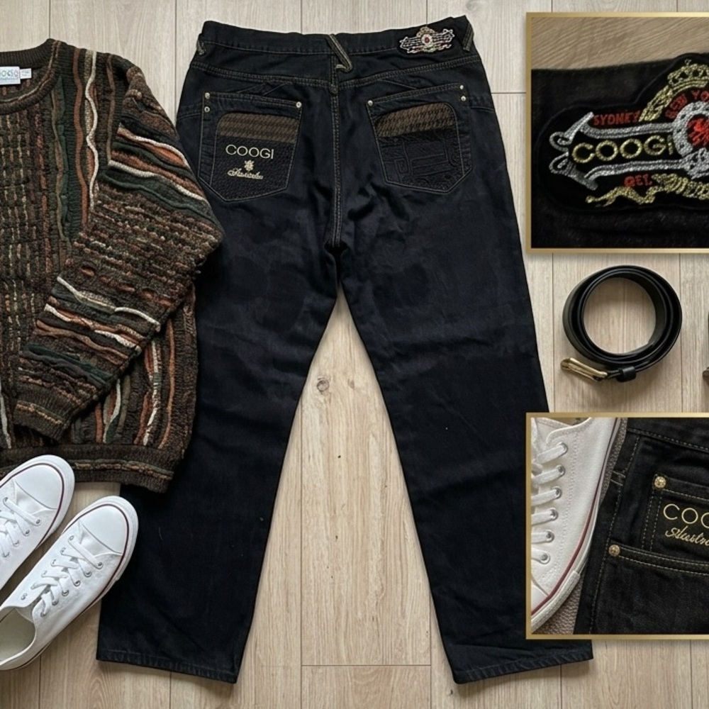 COOGI Australia Black Jeans with Brown Accent and Gold Embroidery (46x36)